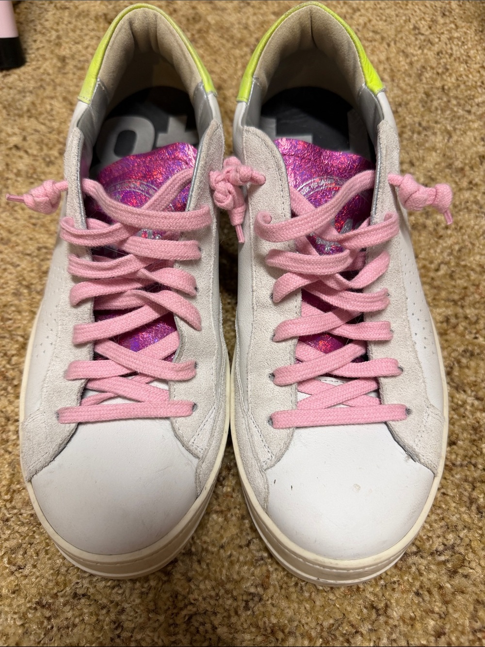 P448 Women's White Sneakers with Pink Laces and Iridescent Pink Tongue
